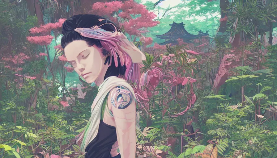 Image similar to a digital painting of a woman exploring a japanese temple, lush plants, eco - cyberpunk art by james jean, cgsociety, retrofuturism, anime aesthetic, chromatic, iridescent