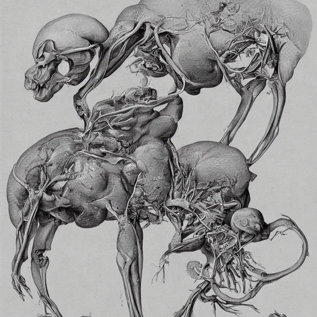 Image similar to anatomical engraving of an unknown specie, anatomical study of animal hybrids from another universe