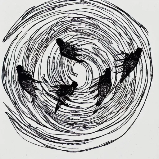 Image similar to a spiral with three sparrows, representing liberty, ink, black watercolor