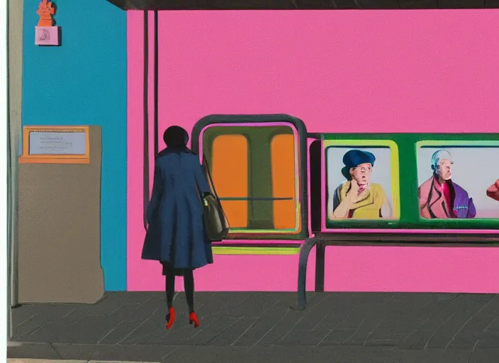 Prompt: cinematic mid shot of a high detail, woman's face looking off camera, with round glasses. where's wally, fine facial features. she stands in a pastel colourful 3 d, bus stop street scene by jeffrey smart and gregory crewdson and edward hopper, inspired by the grand budapest hotel, lots of pastel colour