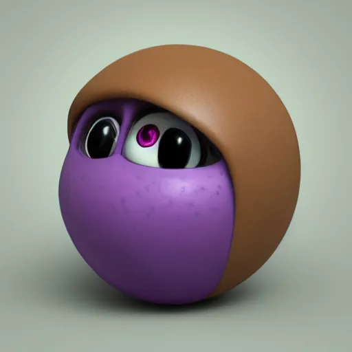 Prompt: photo of a clay model of character with large spherical purple head and humongous eyes and spindly limbs with face close to the camera, fish eye lens, 4 k, hyper realistic, hyper detailed face, octane render