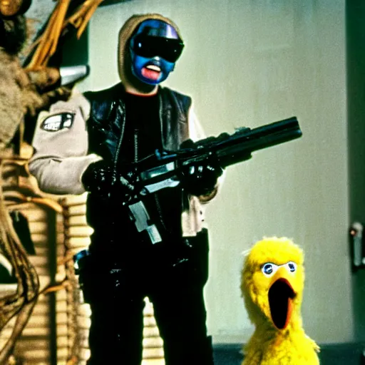 Image similar to Big Bird as The Terminator, cinematic, Eastman 5384 film