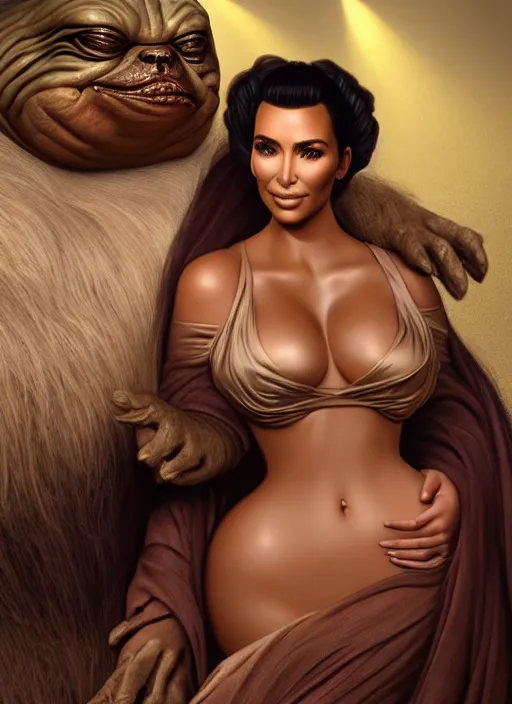 Prompt: A film still of kim kardashian as princess leigha cuddling jabba the hut in star wars, highly detailed, digital painting, artstation, concept art, sharp focus, illustration, cinematic lighting, art by artgerm and greg rutkowski and alphonse mucha diffuse lighting, fantasy, intricate, elegant, highly detailed, lifelike, photorealistic, digital painting, artstation, illustration, concept art, smooth, sharp focus, art by John Collier and Albert Aublet and Krenz Cushart and Artem Demura and Alphonse Mucha