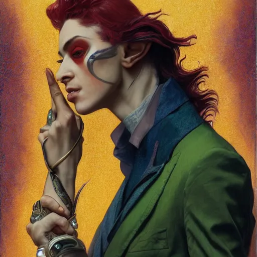 Image similar to a beautiful and androgynous half - elf with medium skin tone and messy short red hair and copper eyes with slit pupils, dressed in a colorful jodhpuri suit, dnd character, golden aura, realistic portrait by ross tran and gerald brom and kehinde wiley and fernando amorsolo and alphonse mucha, trending on artstation