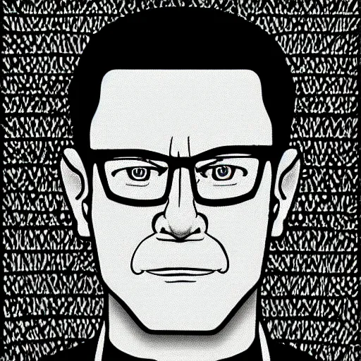 Prompt: Hank Hill, by Escher, portrait black and white, background DMT colors, drawing