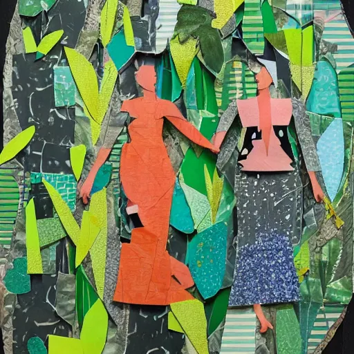 Image similar to paper collage art made of cut up magazines depicting two women holding hands in a jungle