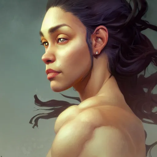 Image similar to beautiful, very strong, mixed race, female, aged 4 0, face, no makeup, head shot, fantasy, highly detailed, digital painting, artstation, concept art, smooth, sharp focus, illustration, art by brom and greg rutkowski and alphonse mucha