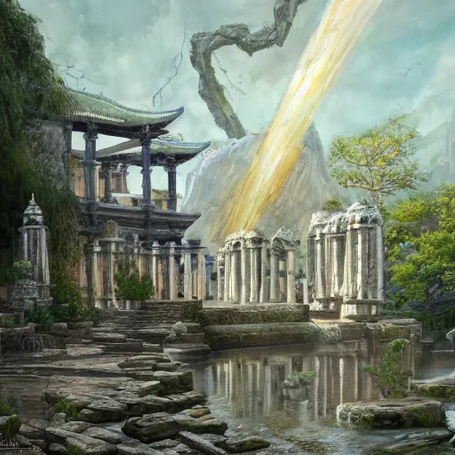 Prompt: a painting of a temple in ruins celebrating a knight, open windows, godrays, chandelier, pillars of marble, waterfalls, small canoes, art by JohannesVoss, Donato Giancola, Aleksi Briclot, trending on artstation