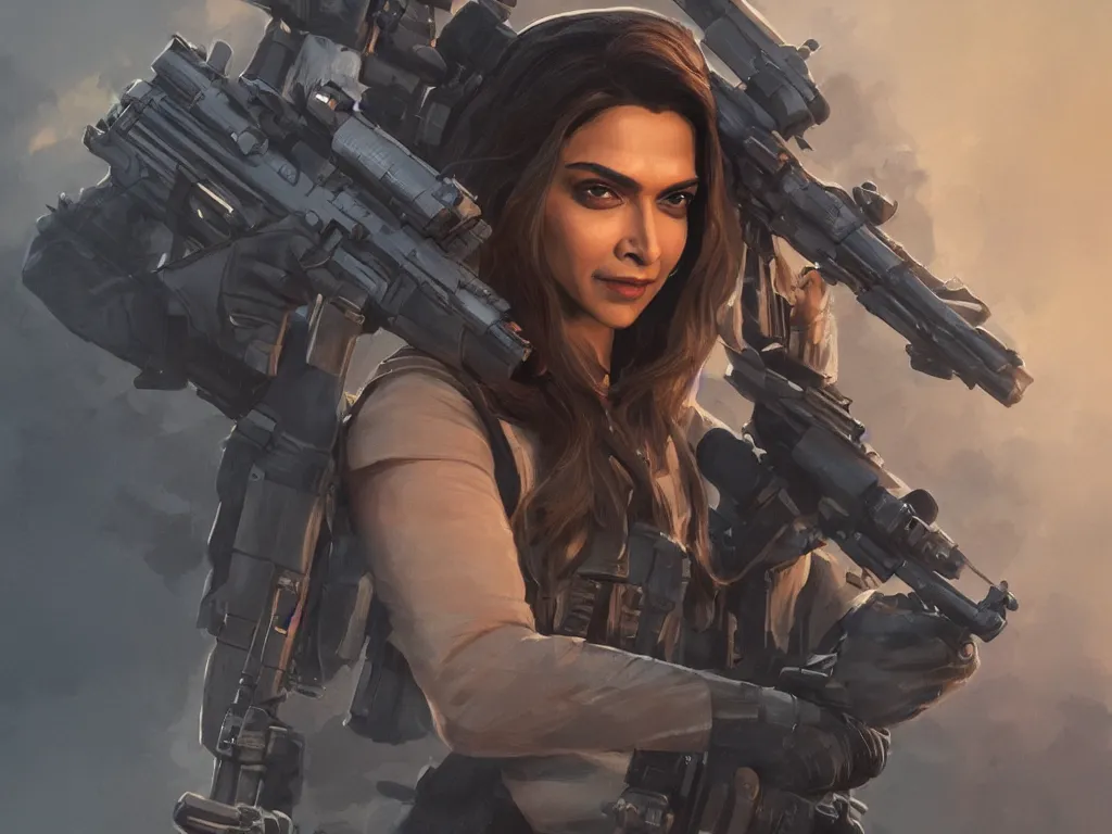 Prompt: Portrait of Deepika Padukone as Baroness in G.I, Joe, with evil smile and holding a gun, in a movie still cinematic, artstation, Greg rutkowski, detailed face, UHD 8K