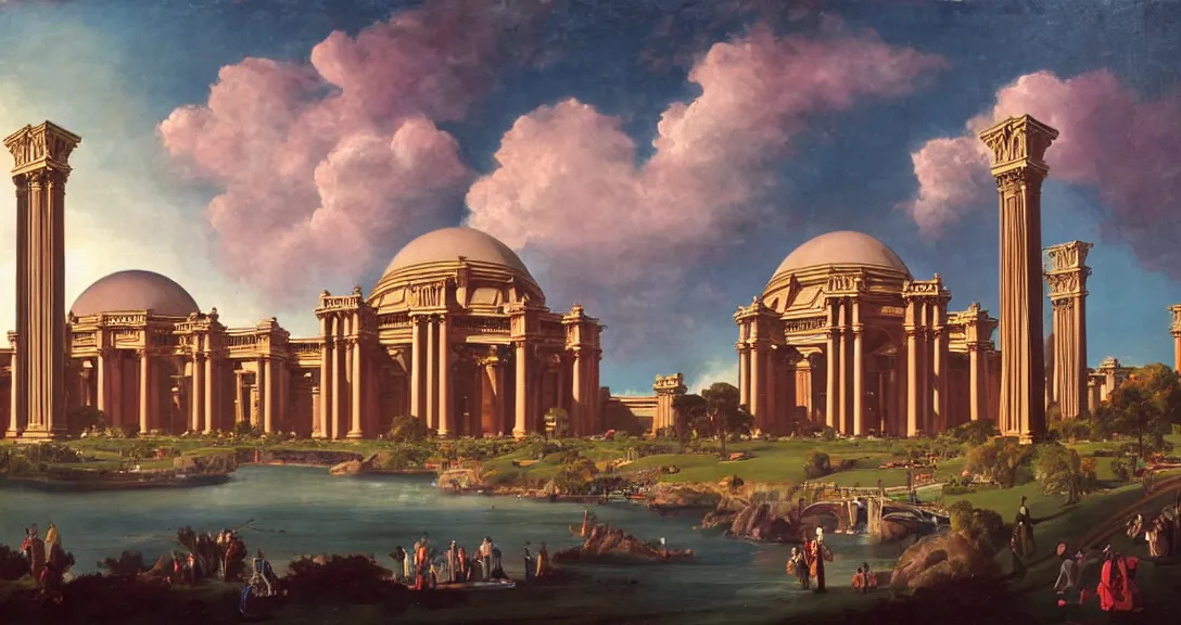 Image similar to the san francisco palace of fine arts during the intergalactic futuristic fair, romantic era sci - fi painting, futuristic