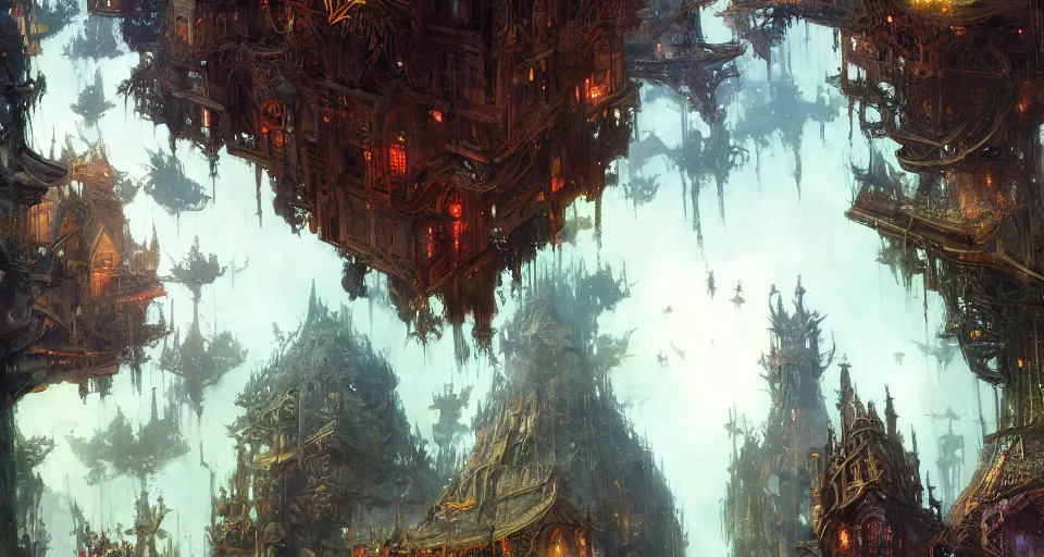 Image similar to looking up at a city of tree - houses at caras galadhon, intricate, vivid colors, elegant, highly detailed, john park, frazetta, john howe, ruan jia, jeffrey catherine jones