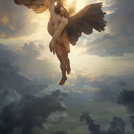 Image similar to Icarus falling from the sky, dramatic light, highly detailed, digital painting, cgsociety , concept art, sharp focus, illustration, art by artgerm and greg rutkowski and alphonse mucha