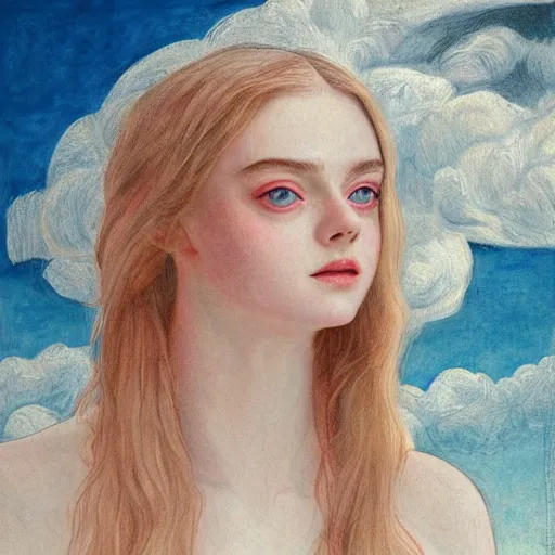 Image similar to professional painting of Elle Fanning in Santorini in the style of Conrad Roset and Dino Valls, head and shoulders portrait, symmetrical facial features, smooth, sharp focus, illustration, intricate, stormy weather, extremely detailed masterpiece,