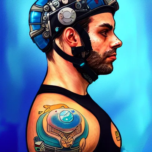 Prompt: a profile photo of a man with underwater helmet with tattoos on arm and neck, side profile in underwater, highly detailed, digital painting, artstation, illustration by Sandra Chevrier