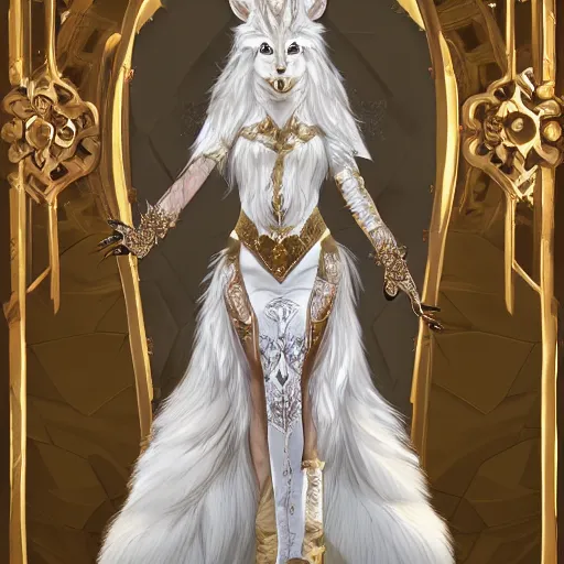 Prompt: commissioned full body portrait of a female anthro furry wolf princess fursona with white hair wearing a white and gold armored dress in a white and gold palace, by Wlop and jerry park, artstation, extremely detailed