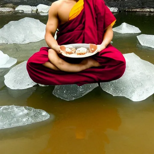 Image similar to !dream a Buddhist monk floating above water with an ice cream ::