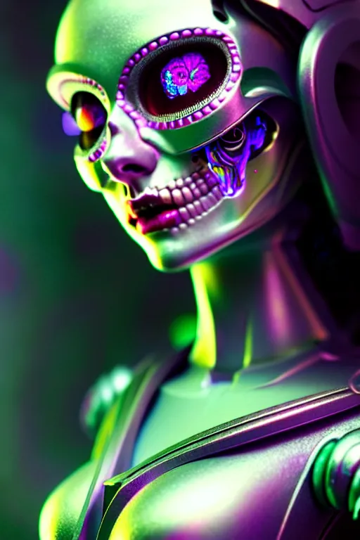 Image similar to ultra detailed, ethereal closeup photo of female android, flowerpunk, studio photo, floodlight, fantasy art, octane render, unreal engine, dia de los muertos, photorealistic concept art, triadic color scheme, art by artgerm and wlop and giger and greg rutkowski and alphonse mucha, 8 k