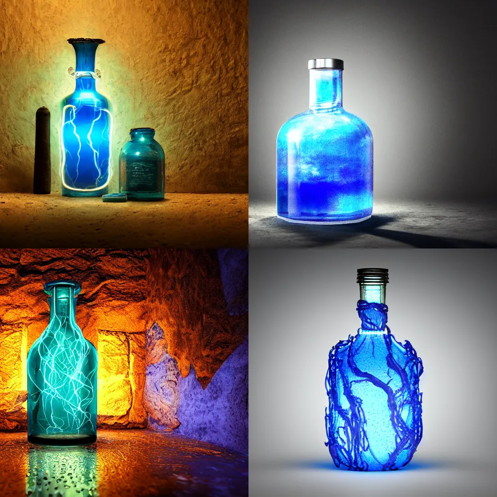 Prompt: spirit potion containing swirling glowing blue liquid, veins, ancient beautiful intricate glass bottle, found in a dark dungeon, lit by torchlight, fantasy, octane render, 8k