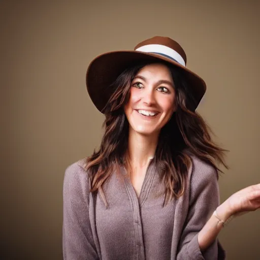 Image similar to portrait of a smiling 3 0 - year - old woman, medium brown hair with a hat, hair comes out of the hat a little and plays because of the sells, the woman puts her right hand on the hat to try to hold it back.