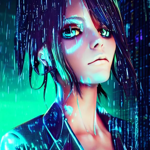 Image similar to anime woman portrait made out of rain, beautiful, stylish suit, cyberpunk background, neon, rendered in octane, unreal engine, matte painting, sharp focus, trending on artstation, futuristic, space