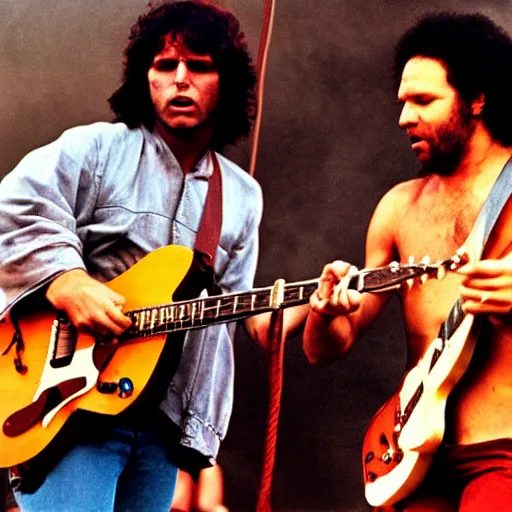 Image similar to Jim Morrison and Thundercat playing music together on stage at Woodstock