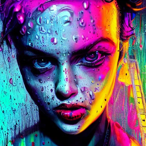 Image similar to splashes of neon, punk portrait made out of paint with rain in the background, trending on artstation, epic composition, emotional, beautiful, rendered in octane, highly detailed, realistic, tim burton comic book art, sharp focus, matte painting