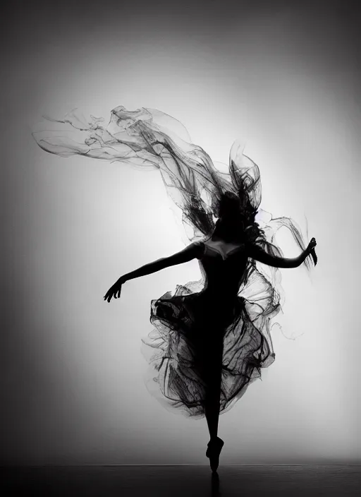 Image similar to a Photorealistic dramatic hyperrealistic render of a glamorous beautiful Female smoke dancer by Ken Brower and Deborah Ory of NYC Dance project,Lois Greenfield,Flowing cloth and smoke,Beautiful dynamic dramatic dark moody lighting,volumetric,shadows,cinematic atmosphere,Octane render,8K