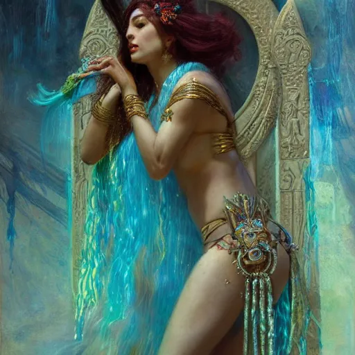 Image similar to artstation, intricate detail, by gaston bussiere, tan skin, lady of elche, egyptian sumerian features, techno mystic dominatrix goddess intergalactica, inanna with aqua neon rapunzel dreadlocks,