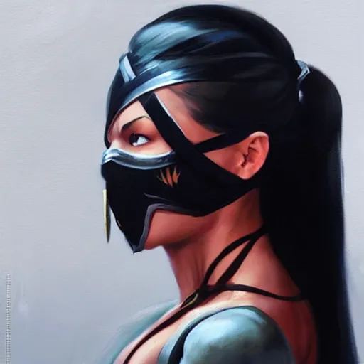 Image similar to greg manchess portrait painting of mileena from mortal kombat wearing a mask covering her mouth as overwatch character, medium shot, asymmetrical, profile picture, organic painting, sunny day, matte painting, bold shapes, hard edges, street art, trending on artstation, by huang guangjian and gil elvgren and sachin teng