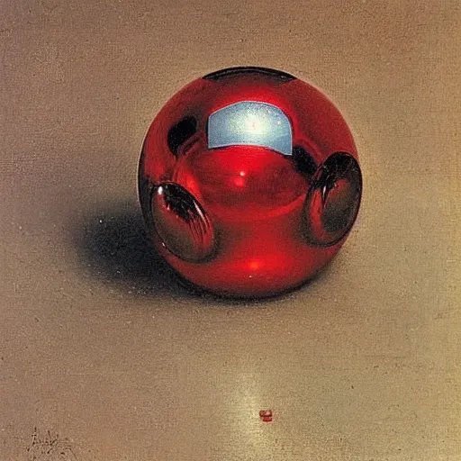 Prompt: chrome spheres on a red cube by eugene de blaas