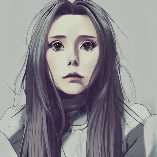 Prompt: Anime portrait of Elizabeth Olsen sitting down on a chair, trending on artstation, 4k, 8k, anime art, anime style