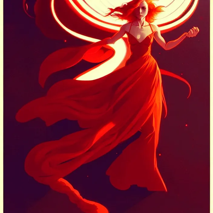 Image similar to style artgerm, joshua middleton, peter mohrbacher, beautiful kristen bell with dark red dress, very long orange hair, symmetrical face, symmetrical eyes, fire powers fire swirling, detailed, volcano setting, cinematic lighting