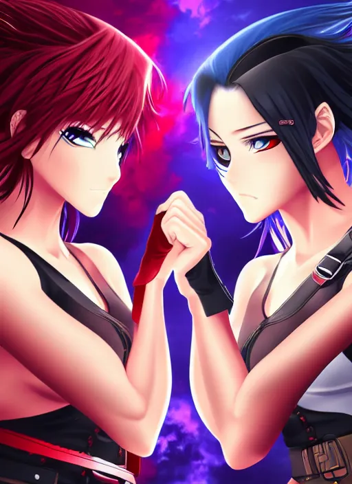 Image similar to two beautiful identical female fighters facing each other, dim lighting, gorgeous features, high resolution, detailed digital anime art