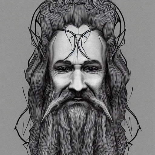 Prompt: bearded middle aged male druid gray skin pointy ears with vines as hair detailed fantasy drawing