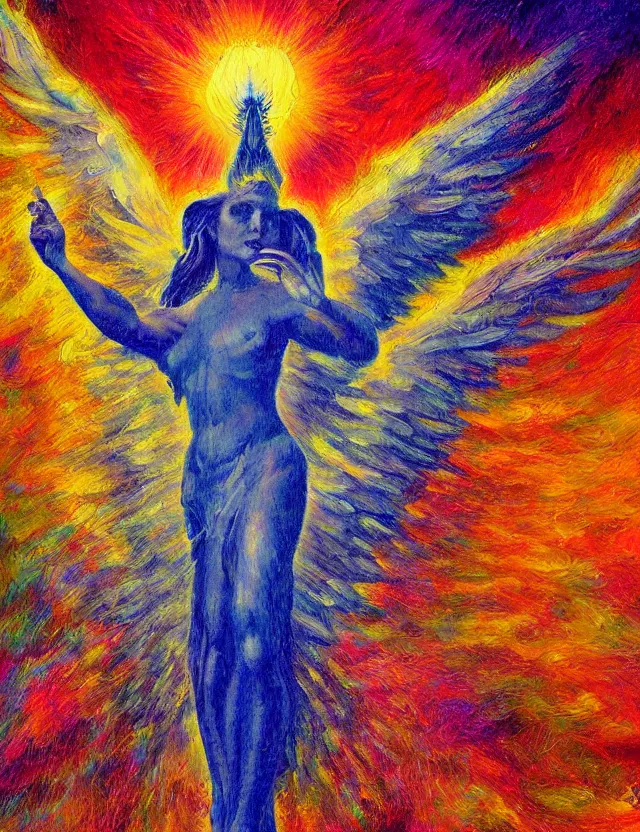 Image similar to spirit of the solar mythos mercurial angel light, award winning oil painting, chromatic aberration polychromatic color palette