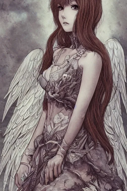 Image similar to Portrait of beautiful anime maiden with angelic wings, intricate, elegant, highly detailed, artstation, concept art, illustration, art by Sakimichan, Katsuya Terada