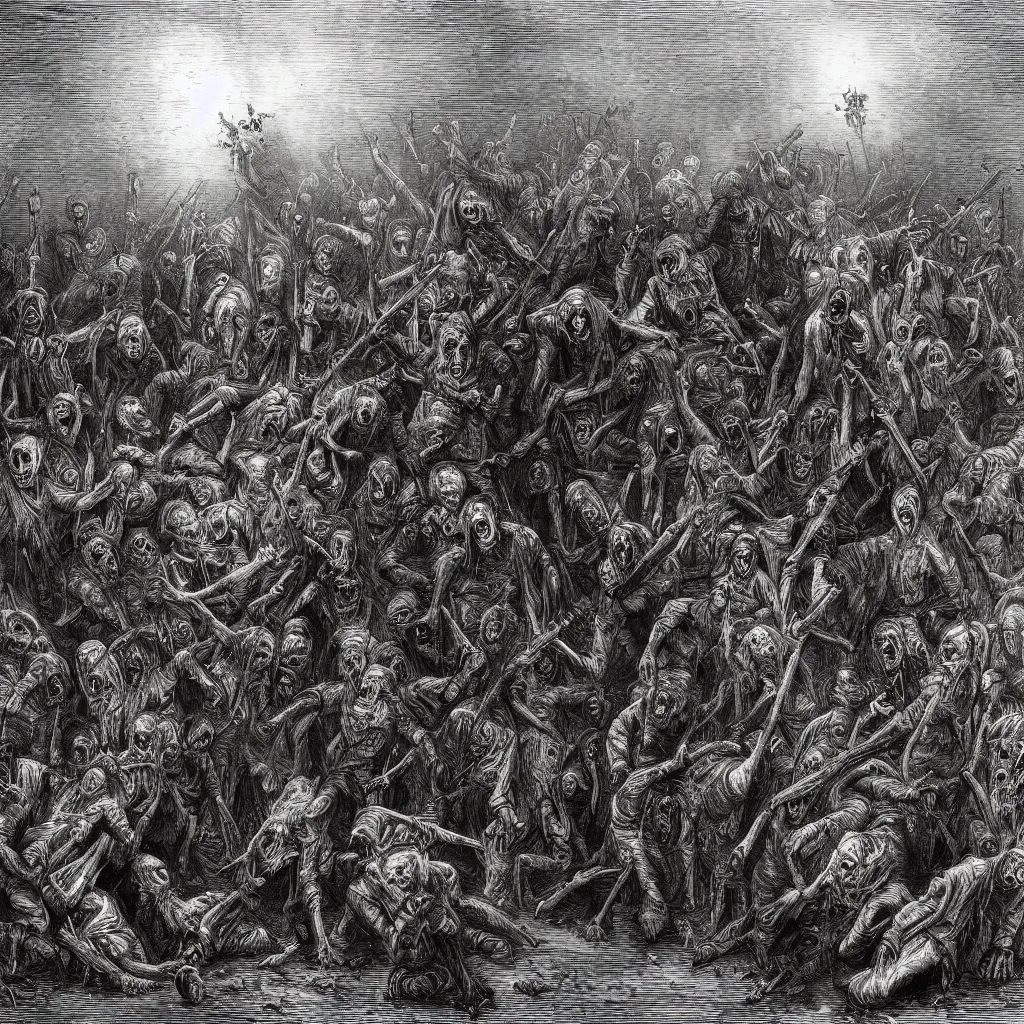 Image similar to zombies, nine steel barrels in a graveyard, creepy atmosphere, dark, realistic, illustration by gustave dore