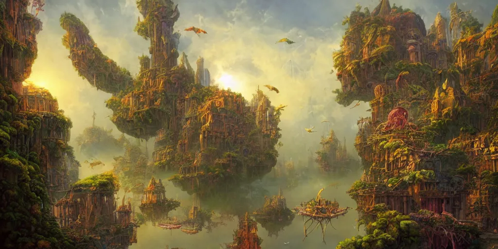 Prompt: a beautiful render of a floating society by hubert robert and daniel merriam and roger dean and jacek yerka, in the style of alex grey, soft lighting, contrast, vivid colors, hyper detailed, 4 k hd wallpaper c 1 7