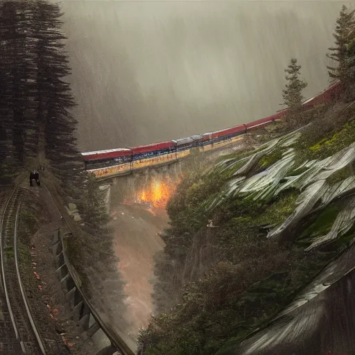 Prompt: long shot of a high octane fight scene on top of a moving train heading into the tunnel of a tall mountain surrounded by forest on a rainy day at dusk, digital painting, matte painting, artstation, art by artgerm and greg rutkowski and alphonse mucha, highly detailed, intricate, octane render, 8 k, unreal engine