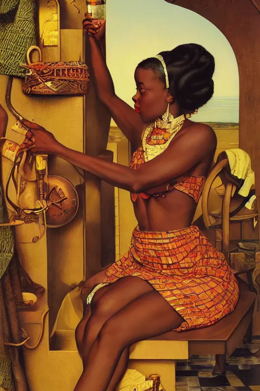 Prompt: an african queen by gil elvgren and norman rockwell and rob gonsalves, hyperrealistic, high detail