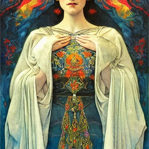 Image similar to queen of the dawn mountains, by annie swynnerton and charlie bowater and diego rivera and nicholas roerich and jean delville, dramatic lighting, brocade robes, elaborate floral ornament, rich colors, smooth sharp focus, extremely detailed