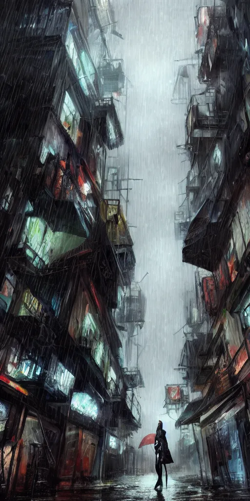 Image similar to a concept art landscape of a woman in the foreground, back to camera, standing in a claustrophobic alley of seedy futuristic city, standing in the rain with an umbrella, wet, emphasis on tall buildings, dirty, low angle