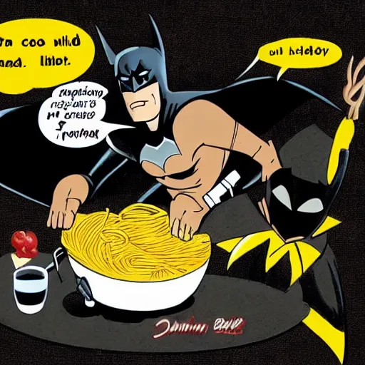 Prompt: batman cooking pasta