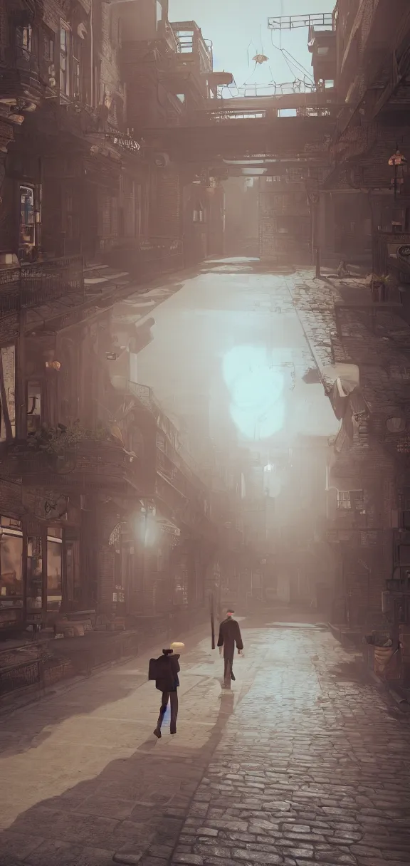 Image similar to a wandering poet with his hat and bag is walking in a quiet steampunk city in the early morning, sunrise, realistic, hyper detailed, render in unreal engine 5