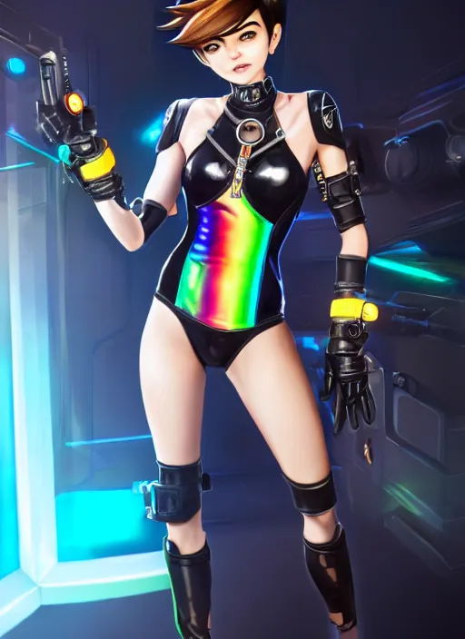 Image similar to full body digital artwork of tracer overwatch, wearing black iridescent rainbow latex swimsuit, 4 k, expressive happy smug expression, makeup, in style of mark arian, wearing detailed black leather collar, wearing chains, black leather harness, leather cuffs around wrists, detailed face and eyes,