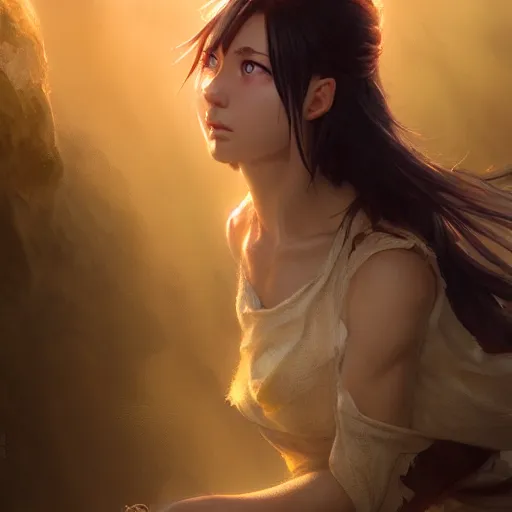 Image similar to hinata, posing heroically, heavenly, full body close-up shot, elegant, realistic character concept, high fantasy, light atmosphere, golden ratio, cinematic lighting, hyperdetailed, high resolution, insanely detailed and intricate, artstation, Marc Simonetti, Greg Rutkowski, octane render, 8k