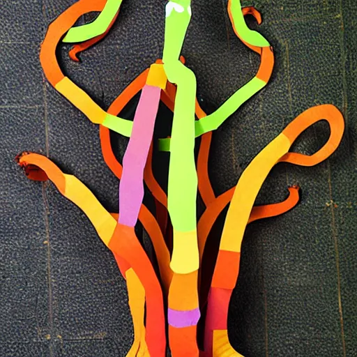 Image similar to cardboard cutout of tentacles, cut out of colored corrugated cardboard, realistic, cardboard cutout, flat, hyperrealistic photography