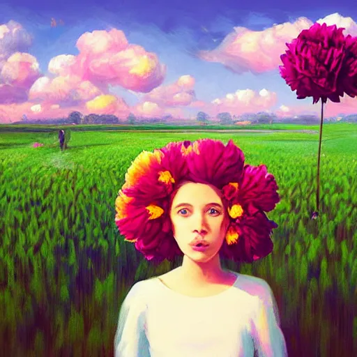 Image similar to girl with a giant carnation head, surreal photography, flower field, sunset dramatic light, impressionist painting, colorful clouds, blue sky, digital painting, artstation, simon stalenhag