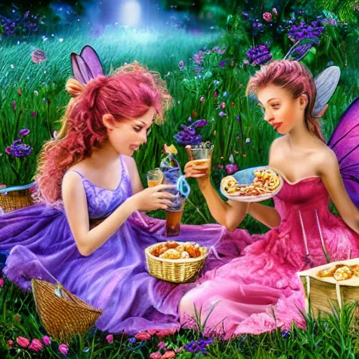 Prompt: fairies having a picnic in a heavenly meadow