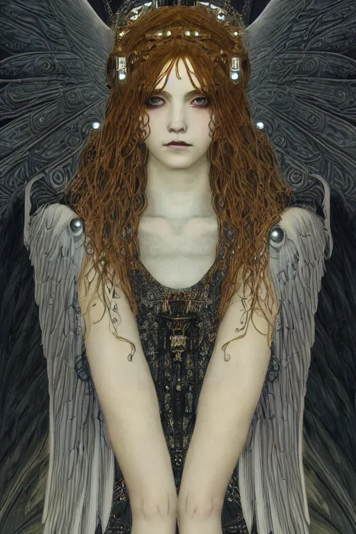 Prompt: portrait of beautiful young gothic angelic maiden, cyberpunk, highly detailed, artstation, illustration, art by Gustav Klimt